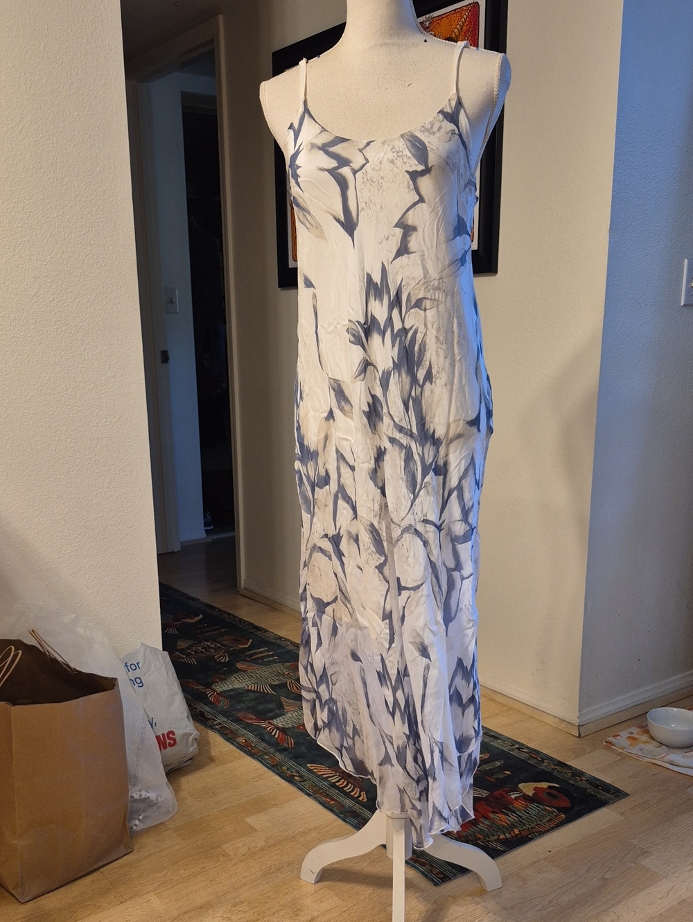 Gigi Moda Silk & Modal Asymetrical Flowy Dress Blue & White Floral Sheer